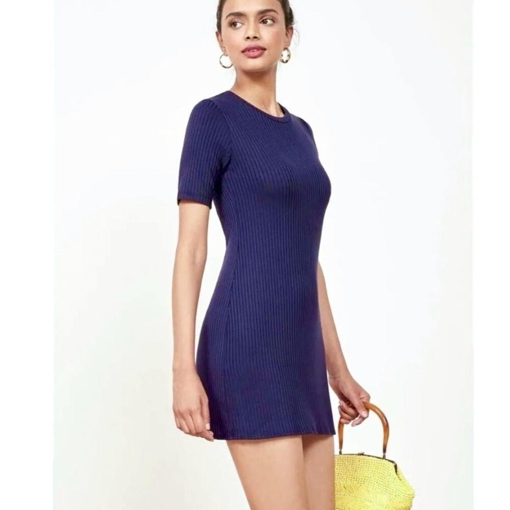Reformation Gigi Ribbed Knit Mini Dress Navy Blue Stretch Bodycon Mini Dress S